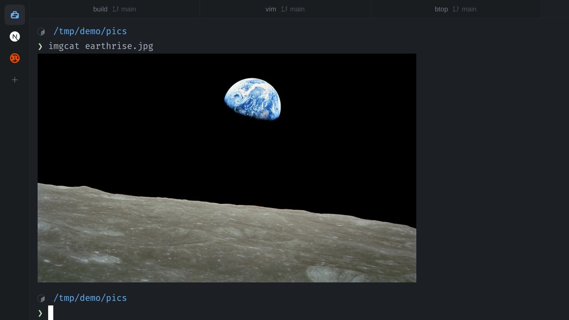 The Apollo 8 Earthrise photo printed inline by imgcat in an sshtty tab