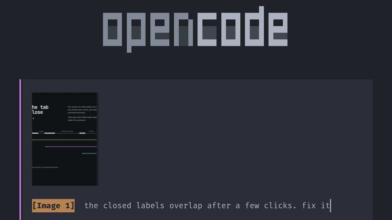 OpenCode in an sshtty tab, with a pasted screenshot attached to the prompt as Image 1