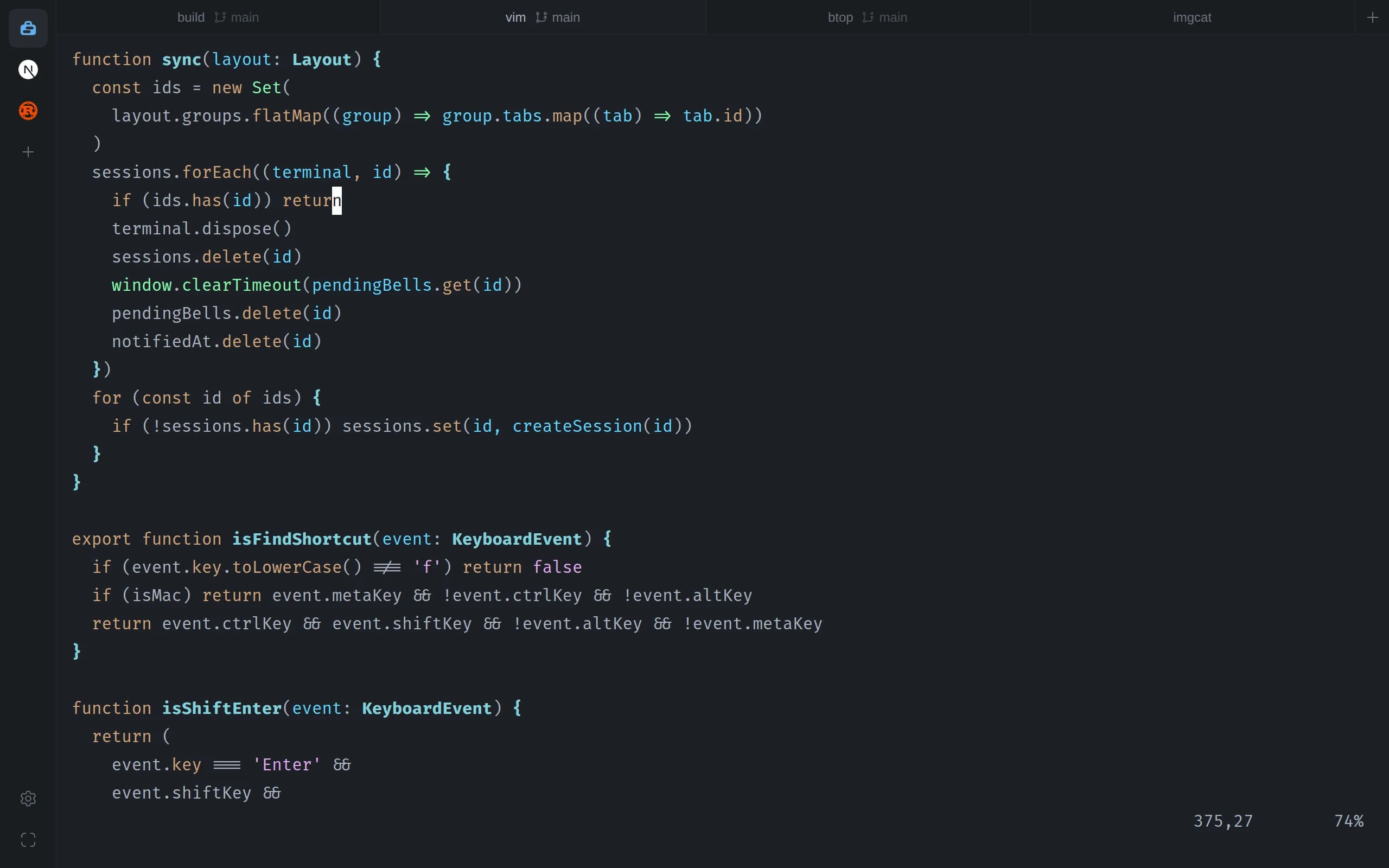 sshtty with three project groups in the sidebar and four tabs: build, vim, btop and imgcat